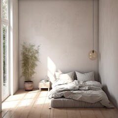 Bedroom interior mockup, cozy home room decor with wide empty wall, bed, blanket and carpet Generative AI