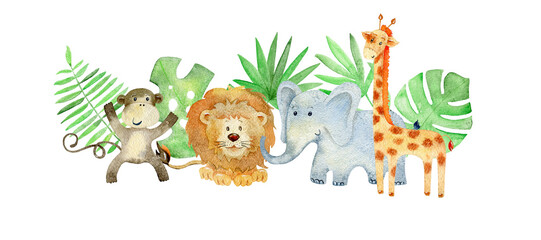 Watercolor arrangements with safari animals. Composition for greeting card and etc. © Tapilipa