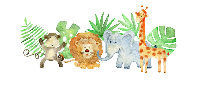 Watercolor arrangements with safari animals. Composition for greeting card and etc.