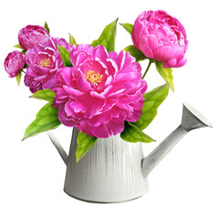 bouquet of pink peonies in a watering can illustration