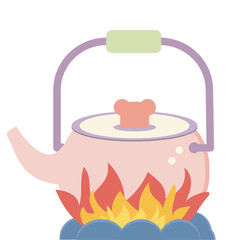 mountain camping cute bear kettle boil water hand drawn design for decoration
