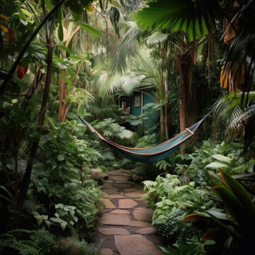 Generative AI illustration of quiet place in exotic garden with hammock hanging on tropical trees near small house