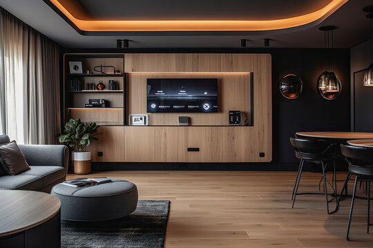 Generative AI illustration of contemporary living room interior design with built in TV unit orange lighting on ceiling and gray sofa