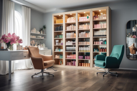 Generative AI illustration of contemporary nail studio interior with various polishes on shelves near big mirror and chairs