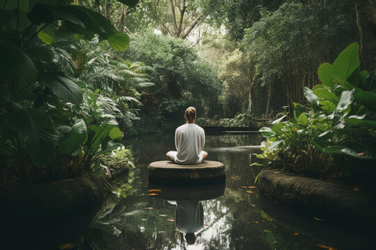 Generative AI illustration of person sitting on stone in pond near exotic plants and trees while practicing mindfulness meditating in lotus pose