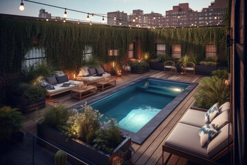 Generative AI illustration of swimming pool located on terrace near sunbeds under hanging glowing garland in evening time