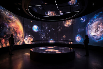 Generative AI illustration of anonymous people exploring planets of cosmos while standing in hall of observatory