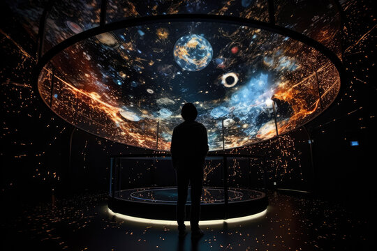 Generative AI illustration of museum anonymous visitor watching projection of amazing universe planets and stars in planetarium
