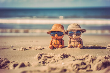 Generative AI illustration of wooden toys in sunglasses and sunhats sitting on sandy beach near waving sea on sunny day