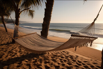 Generative AI illustration of empty hammock hanging from palm trees near sea at sandy beach during sunset