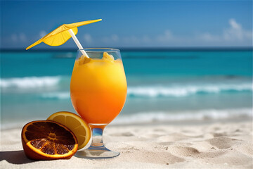 Generative AI illustration of glass of orange juice with ice umbrella and fruit slices on sandy beach near waving sea on sunny day