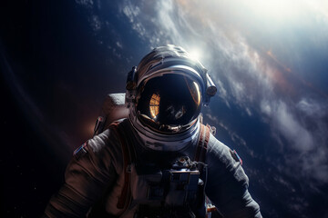 Generative AI illustration of unrecognizable astronaut in protective Extravehicular Mobility Unit with backpack and reflecting helmet