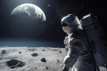 Generative AI illustration of side view of anonymous spaceman in Extravehicular Mobility Unit gloves backpack and helmet walking on planet surface