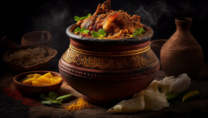 Dum handi chicken biryani is being made on a table with a dark background, Generative AI