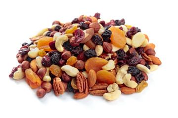 Mix of nuts and dried fruits isolated on a white background.