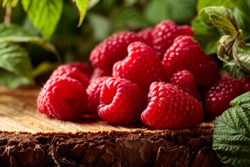Fresh raspberries on a pine stump in the forest.