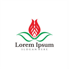 red flower logo with green leaves