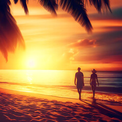 Silhouetted couple walking on a tropical beach at sunset
