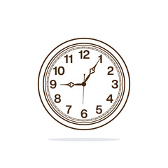 Cartoonish round clock face showing nine five o'clock isolated on light blue background.	