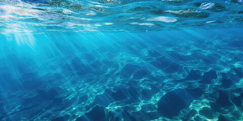 Fototapeta na wymiar Texture of shiny bright blue clear water under the sea. The texture of the ocean or sea on a sunny day, backdrop for web promotion. Generative AI professional photo imitation.