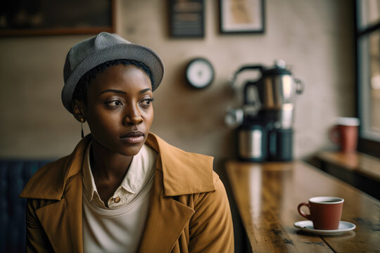 Generative AI illustration of confident African American young female with hat looking away while sitting at cafe table with cup of coffee