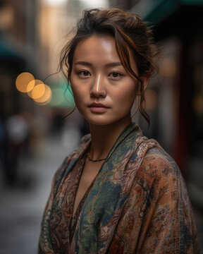 Generative AI image of portrait of confident young Asian female in traditional dress looking at camera standing in street against blurred background