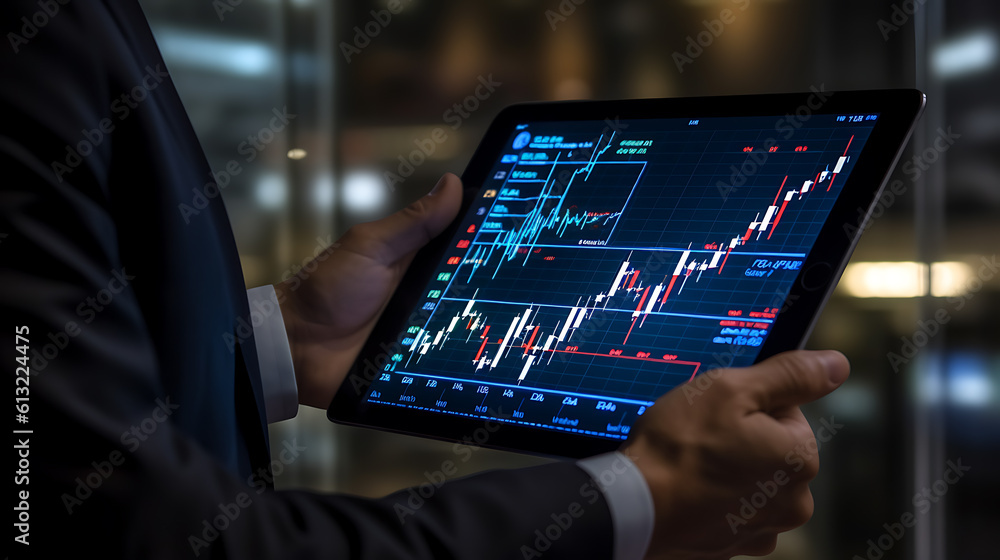 Poster businessman holding tablet with different graphs and charts.created with generative ai technology.