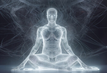 cyborg  meditating in lotus position. generative AI	
