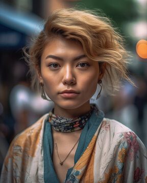 Generative AI image of beautiful Asian young female in casual clothes with blonde hair looking at camera against blurred background in city
