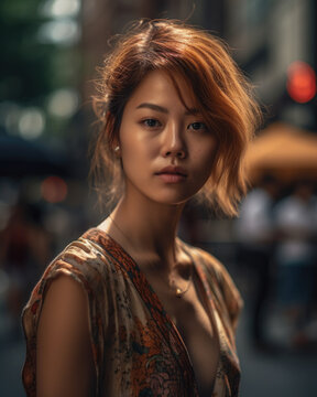 Generative AI image of beautiful Asian young female in casual clothes with red hair looking at camera against blurred background in city