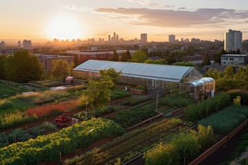 Fototapeta na wymiar Urban vegetable garden with a stunning cityscape in the background. Urban agricultural concept. Generative AI