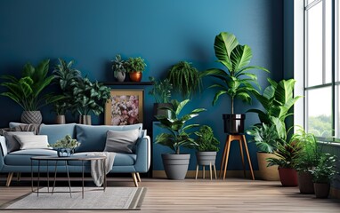 Fototapeta premium Living room interior with potted plants, blue wall and blue couch. Indoor potted plants decoration. Generative AI.