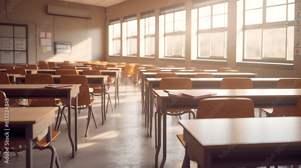 Aufkleber empty school class in the sunshine. created with generative ai technology.