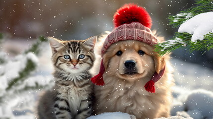 dog and cat, kitty and puppy in red scarf on snowy winter forest at  Christmas holiday greetings card,generated ai - 613225035