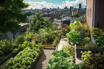Fototapeta premium Lush green garden with various plants and foliage. Urban agricultural concept. Generative AI