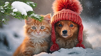 dog and cat, kitty and puppy in red scarf on snowy winter forest at  Christmas holiday greetings card,generated ai