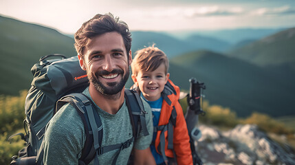 Father and son hiking in the mountains it summer.Created with Generative AI technology.