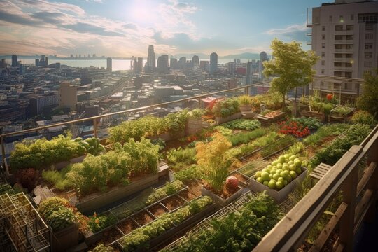 Stunning rooftop garden with a breathtaking view of the city skyline. Urban agricultural concept. Generative AI