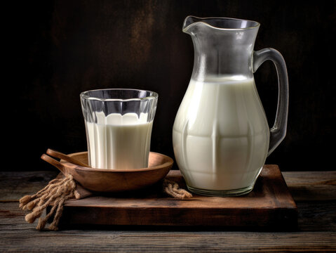 Fresh cow's milk in a glass and a jug on a wooden table