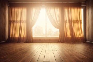 Elegant living room with wooden flooring and beautiful curtains. Generative AI