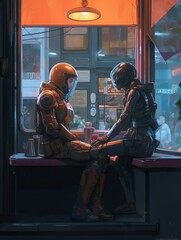 A Man and Woman in Clunky Retro Spacesuits Sitting in a Bar