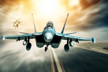 Fototapeta premium Military fighter jet soaring through a cloudy sky. Generative AI