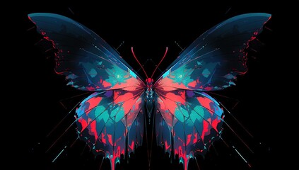 top view rendering of a magical glowing neon and fluorescent butterfly