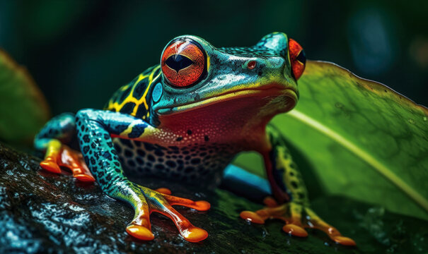 Generative AI illustration of closeup of bright poison dart frog sitting on stone and looking away in green rainforest