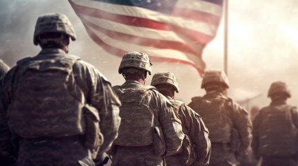 Soldiers standing in front of the american flag in a show of patriotism and unity. Generative AI