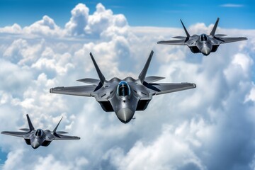 Fototapeta premium Fighter jets soaring through the clouds. Generative AI