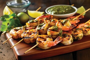 Delicious shrimp skewers with a savory dipping sauce. Generative AI