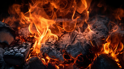 Burning coals from a fire, abstract background.