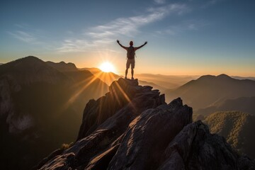 Person standing on top of a mountain during a beautiful sunset. Generative AI