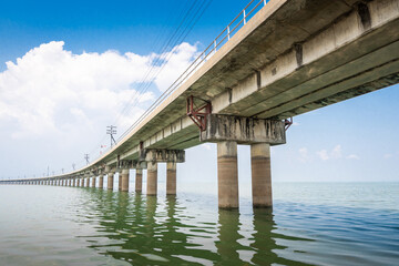 Railway tracks across a freshwater lake